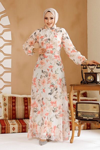Neva Style Floral Patterned Ecru Hijab Dress 27964E