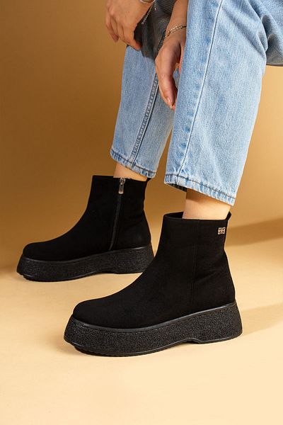 Pembe Potin Ghete de damă din piele intoarsa neagra - Platforma inalta, design casual elegant si confortabil