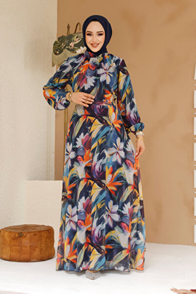 Neva Style Φόρεμα Hijab Navy Blue με λουλούδια 27977L