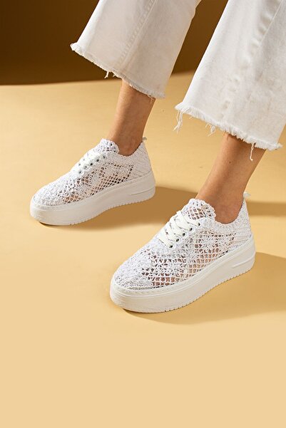 Pembe Potin White Lace Women's Sneakers - Comfortable Wedge Sole Casual Shoes