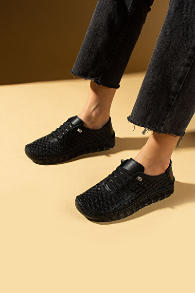 Pembe Potin Black Laser Women's Orthopedic Genuine Leather Comfortable Comfort Sole Daily Casual Sports Shoes