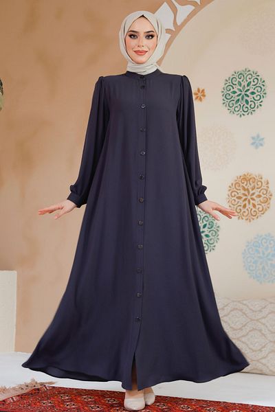 Neva Style Buttoned Smoked Hijab Abaya (45283Fu)