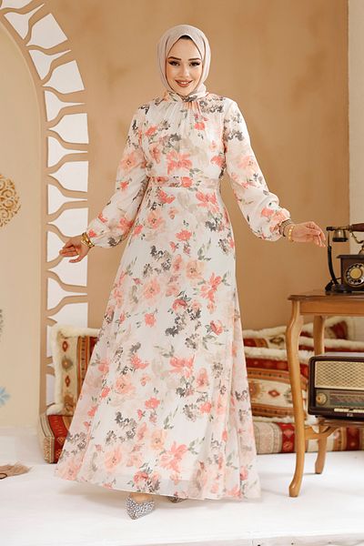 Neva Style Φόρεμα Hijab εκρού με λουλούδια 27964E