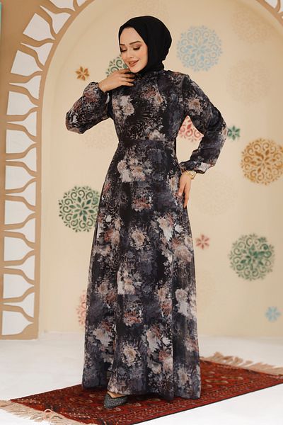 Neva Style Rochie neagră cu hijab cu imprimeu floral 27967S