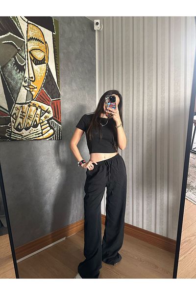 sajarsln Wide Leg Loose Trousers with Drawstring Waist - Black