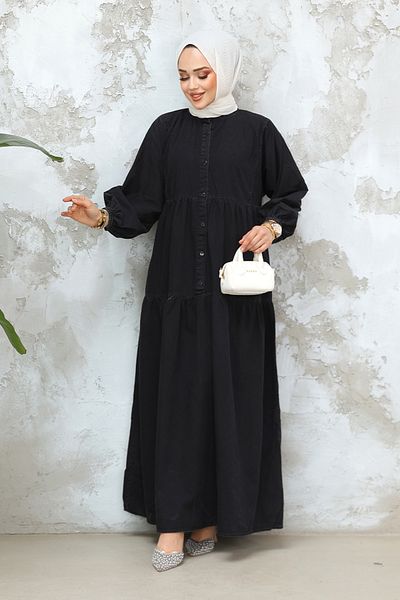 Neva Style Buttoned Anthracite Hijab Denim Dress 19143Ant