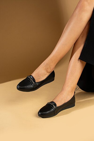 Pembe Potin Women's Ballerinas Black Stone Detailed Lightweight Comfortable Sole Stylish Casual Shoes