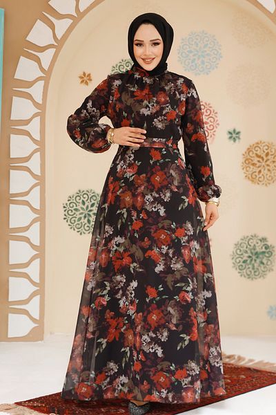 Neva Style فستان حجاب أسود منقوش بالزهور 27964S
