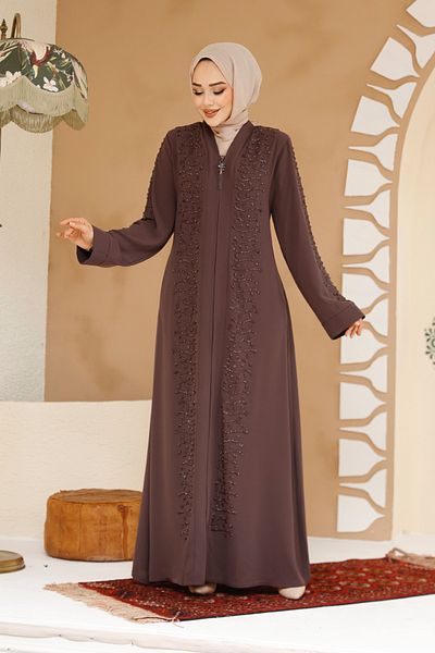 Neva Style Beaded Brown Hijab Ferace 29127Kh
