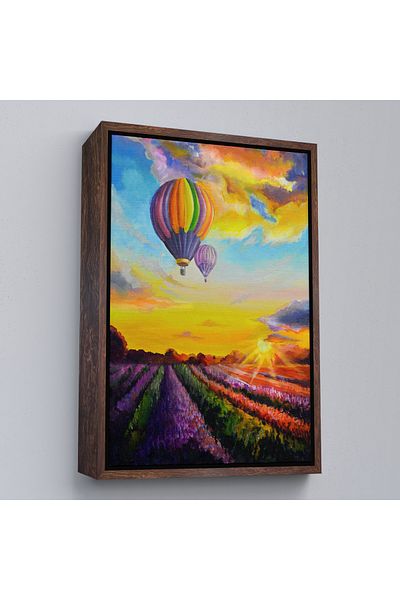 Harita Sepeti Balon aerian zburând peste grădina de lavandă cu cadru alb Vizualizare pictură murală pe pânză