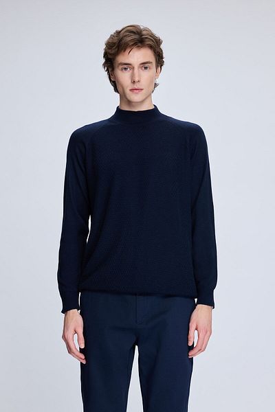 Hatemoğlu Μπλε Navy Regular Fit Jacquard Μάλλινο πουλόβερ με μισό ζιβάγκο
