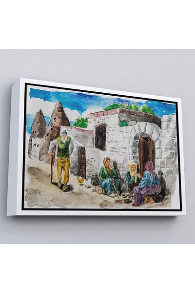 Harita Sepeti Un sat din Cappadocia în cadru alb Vedere în acuarelă Pictură decorativă