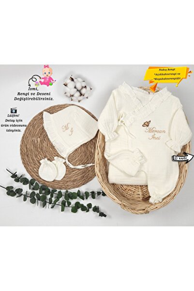 gros shop %100 Pamuk Organik 4Katlı Müslin Kumaş Bağcıklı Tulum-Mevlüt Seti (Kişiye Özgü İsimli Nakış Desenli)