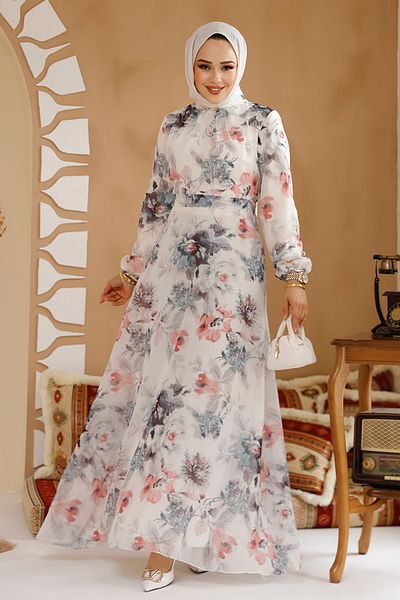 Neva Style Rochie Hijab alb gri cu imprimeu floral 27962BGR