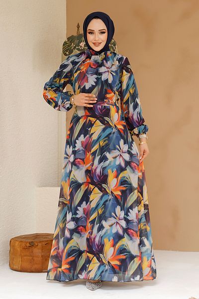 Neva Style Floral Patterned Navy Blue Hijab Dress 27977L