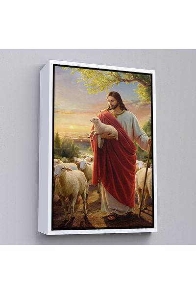Harita Sepeti Pictură pe pânză Isus Hristos miel pierdut cu Isus Hristos miel în cadru alb, decorațiuni de artă de perete pentru biserică