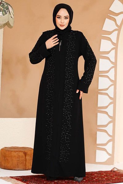 Neva Style Mărgele Brodat Negru Hijab Ferace 29127S
