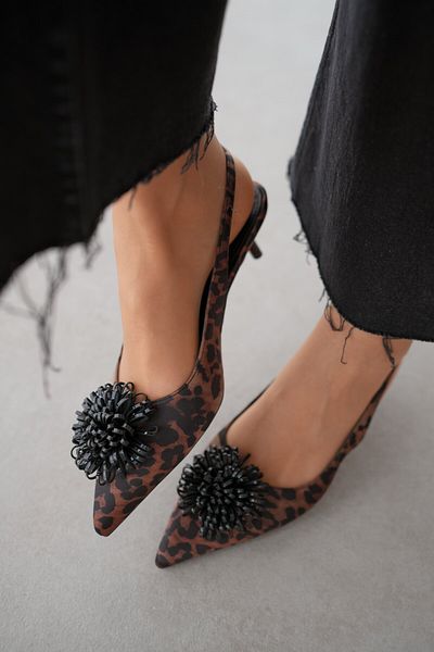 selinshoes Дамски обувки на висок ток Aura с остър връх и котешки ток, детайл отпред - ЛЕОПАРД