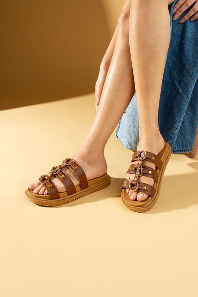 Pembe Potin Sandale confortabile de damă cu cataramă bronzată - papuci de zi cu zi