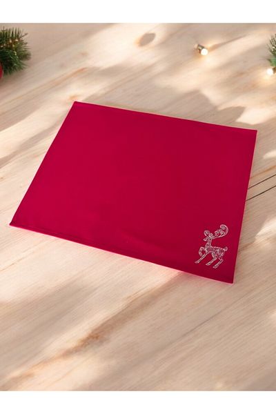 Atölye No 35 Tischsets Weihnachten, 4er Set Rot Gold Rentier-Stickerei, Abwaschbar 45x35 cm