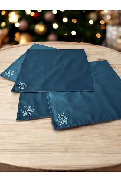 Atölye No 35 Stoffservietten Weihnachten 4er Set Zümrütgrün Schneeflocken-Stickerei 35x35 cm - Stickerei