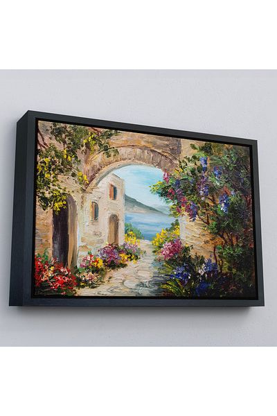 Harita Sepeti Casa de peste mare cu rama aurie, flori colorate, pictura pe pânză cu vedere la mare