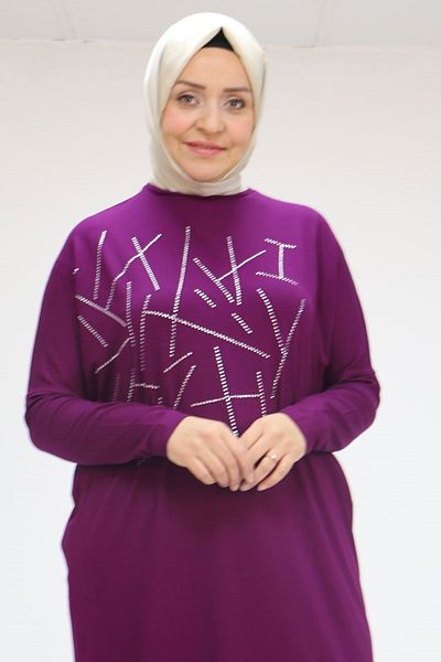 Eslina 58021 Large Size Stone Printed Combed Cotton Tunic - Plum