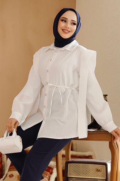 Neva Style Tunica albă hijab cu detaliu brâu pe umeri 10131B