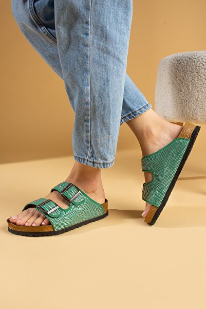 Pembe Potin Orthopedic Sole Green Stone Double Banded Buckle Daily Slippers