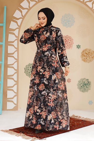 Neva Style Rochie neagră cu hijab cu imprimeu floral 27968S