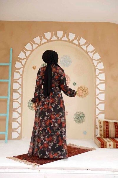 Neva Style Floral Patterned Black Hijab Dress 27964S