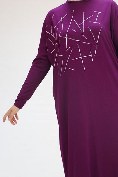 Eslina 58021 Large Size Stone Printed Combed Cotton Tunic - Plum