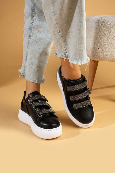 Pembe Potin Women's Black White Poly Comfortable Sole 3 Velcro Strap Sneaker Shoes