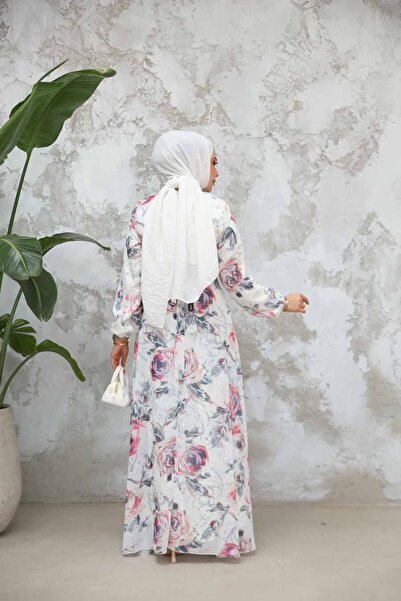 Neva Style Φόρεμα Hijab Μπεζ με Floral σχέδιο 27986BGR