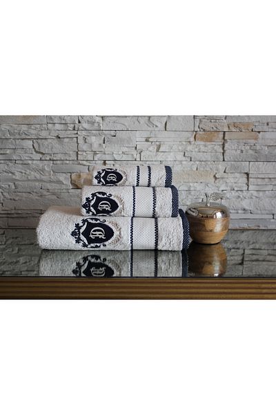 Dantela Code-9944 Embroidered Cotton 3 Piece Bath Towel Set - Cream