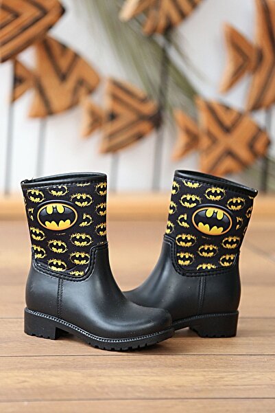 Pembe Potin Siyah Batman Betmen Peluşlu Su Geçirmeyen Erkek Unisex Çocuk Yağmur Bot Çizmesi