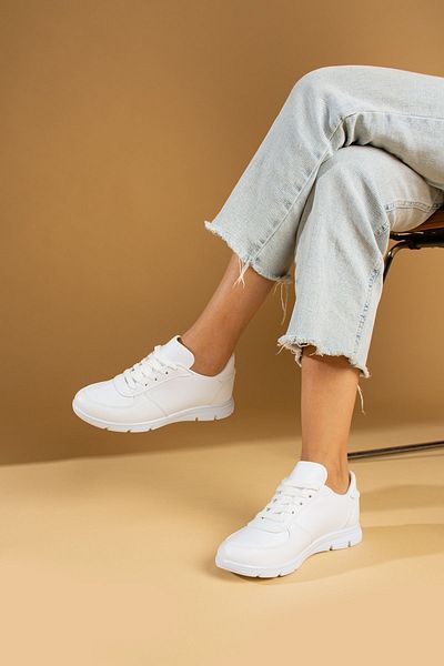Pembe Potin Pantofi de damă, alb, din piele, cu șireturi, cu talpă confortabilă, pantofi sport casual