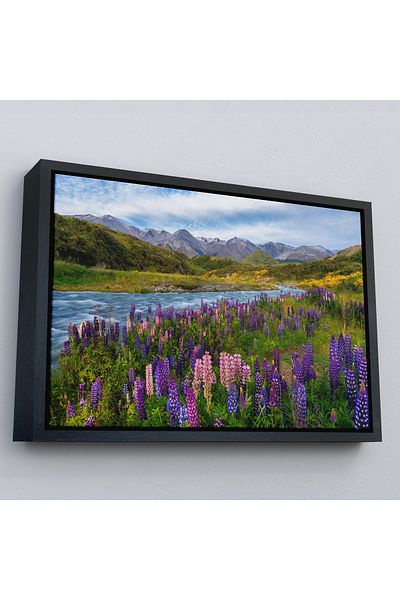 Harita Sepeti Riel de munte și flori de lăcustă violetă, peisaj, pictură murală cu cadru auriu