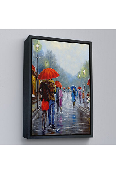 Harita Sepeti Romantični par koji šeta po kiši sa crnim okvirom, uljana slika...
