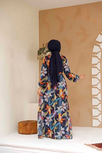 Neva Style Φόρεμα Hijab Navy Blue με λουλούδια 27977L