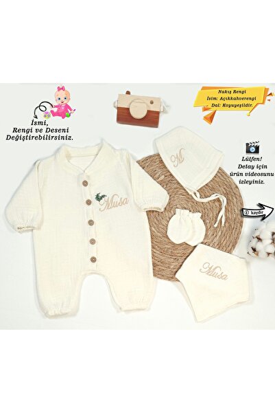 gros shop %100 Pamuk Organik 4 Katlı Müslin Kumaş Düğmeli Tulum-Mevlüt Seti (Kişiye Özgü İsimli Nakış Desenli)