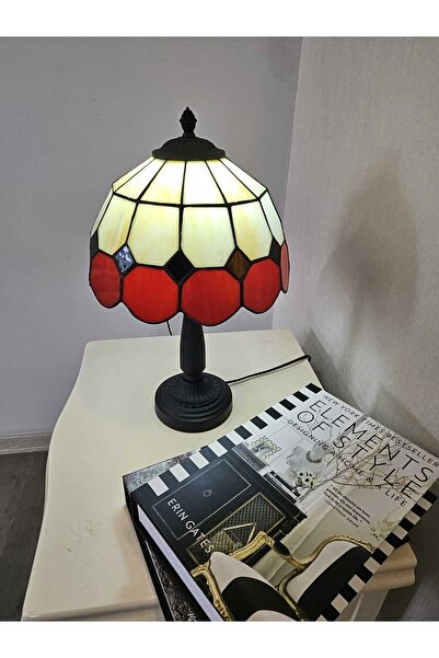 yüceeller El Yapımı Vitray Retro Barok Abajur Masa Lambası Oturma ve Yatak Odası kırmızı beyaz siyah