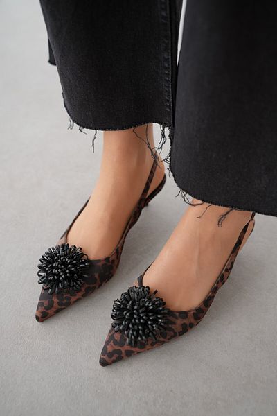selinshoes Дамски обувки на висок ток Aura с остър връх и котешки ток, детайл отпред - ЛЕОПАРД