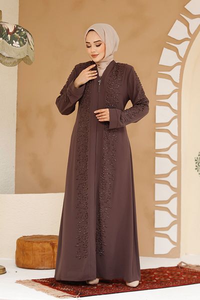 Neva Style Beaded Brown Hijab Ferace 29127Kh