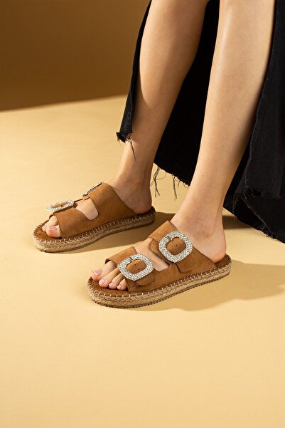 Pembe Potin Kadın Taba Süet Kristal Çift Toka Poli Rahat Hasır Taban Terlik Sandalet