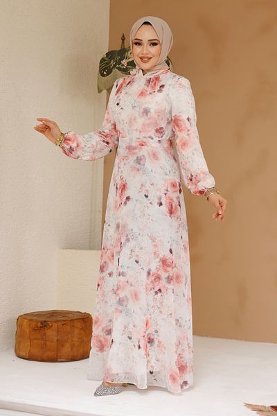 Neva Style Floral Patterned Ecru Hijab Dress 27969E