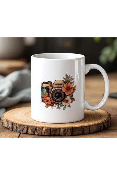 BB TRADE White Ceramic Printed Mug with Floral Camera Design 330ml