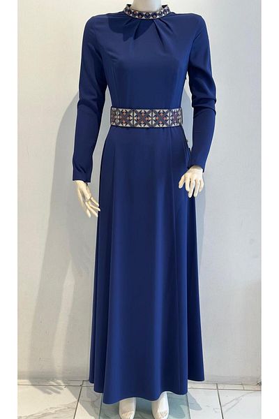 Kayra Κέντημα με γιακά και ζώνη Κεντημένο Indigo Hijab Φόρεμα