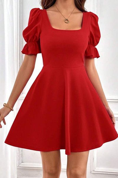 Mossta Short Sleeve Square Neck Flared Dress Red