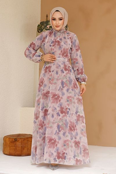 Neva Style Floral Patterned Powder Hijab Dress 27978Pd